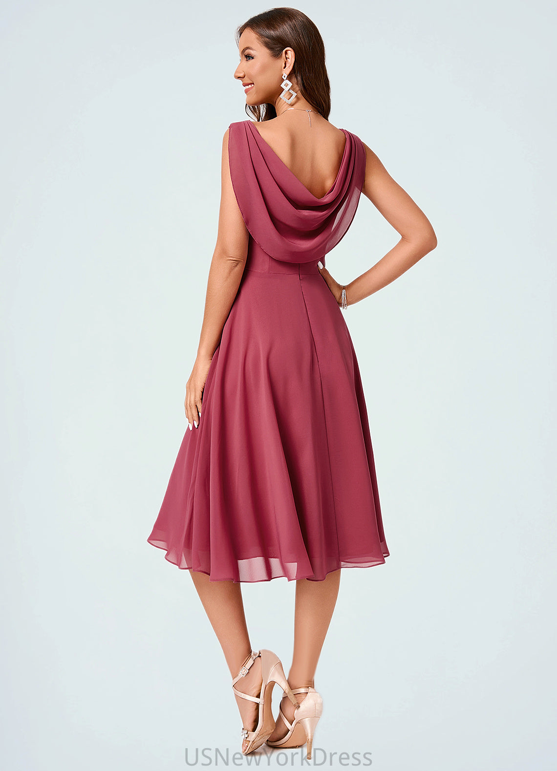 Sydney A-line Cowl Knee-Length Chiffon Cocktail Dress With Ruffle DJP0022232