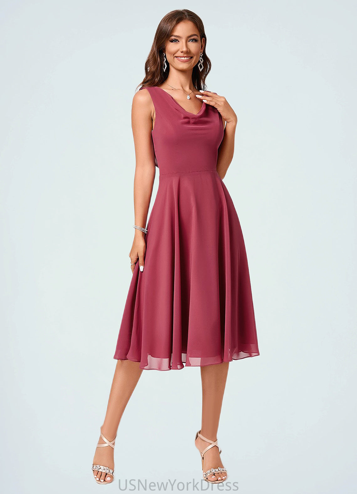 Sydney A-line Cowl Knee-Length Chiffon Cocktail Dress With Ruffle DJP0022232