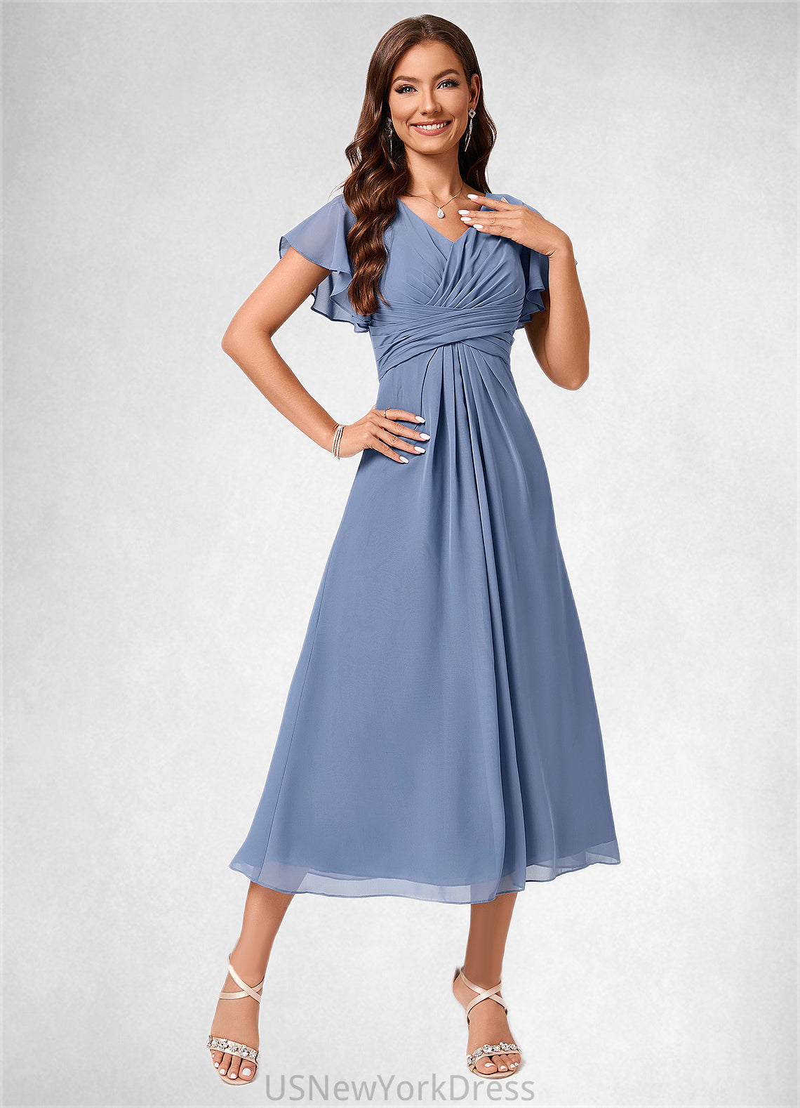 Nadine A-line V-Neck Tea-Length Chiffon Cocktail Dress With Ruffle DJP0022233