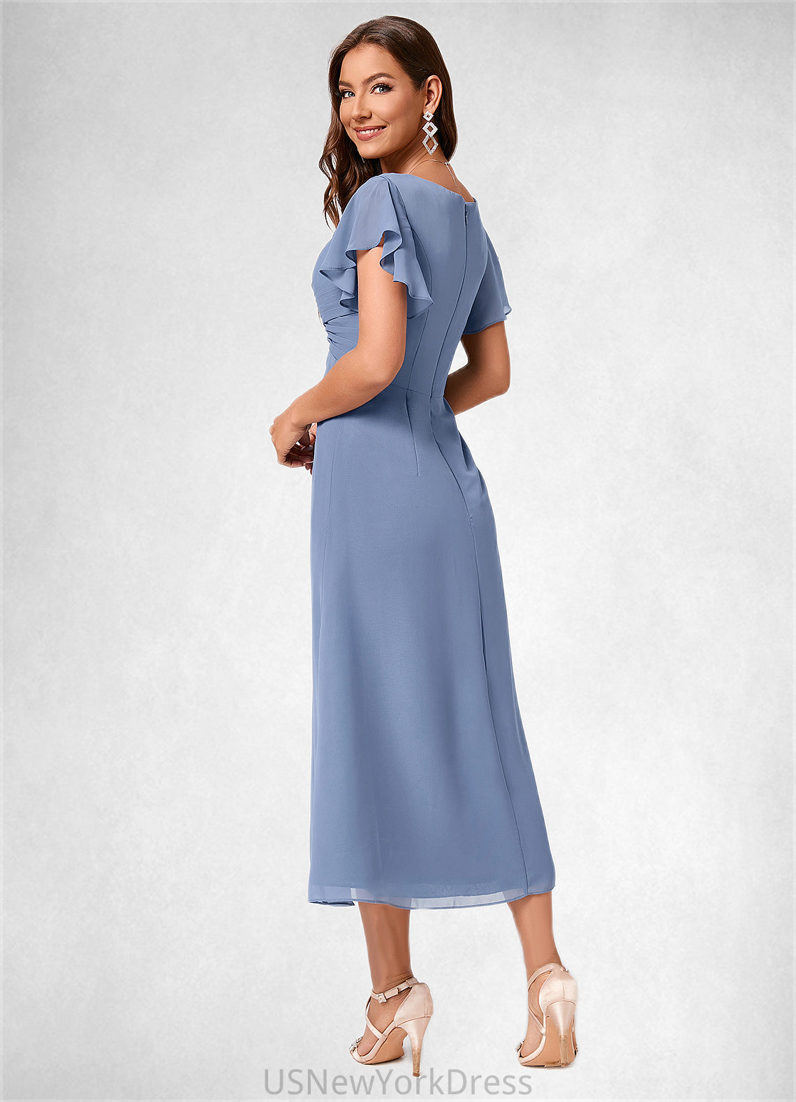 Nadine A-line V-Neck Tea-Length Chiffon Cocktail Dress With Ruffle DJP0022233