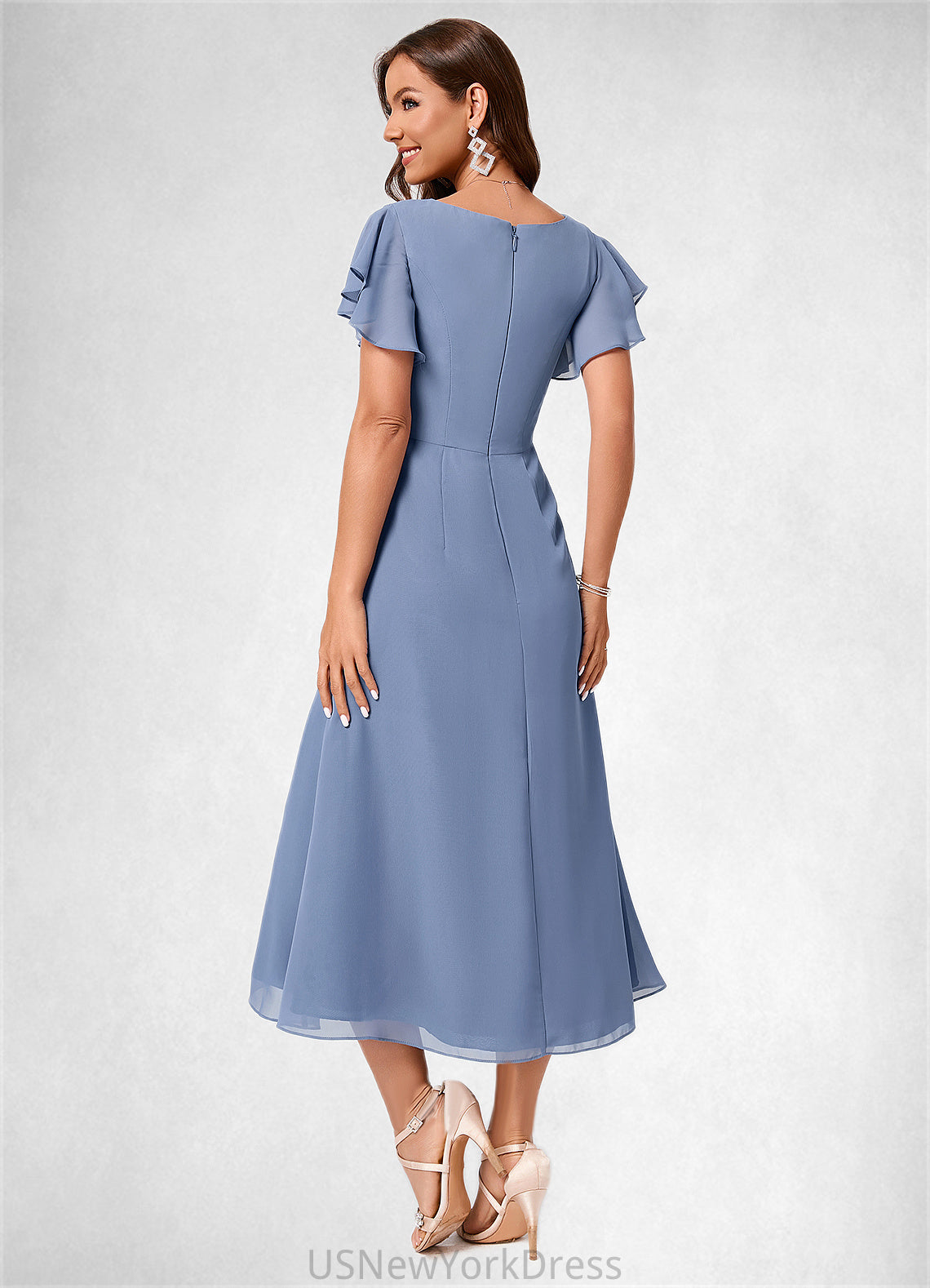 Nadine A-line V-Neck Tea-Length Chiffon Cocktail Dress With Ruffle DJP0022233