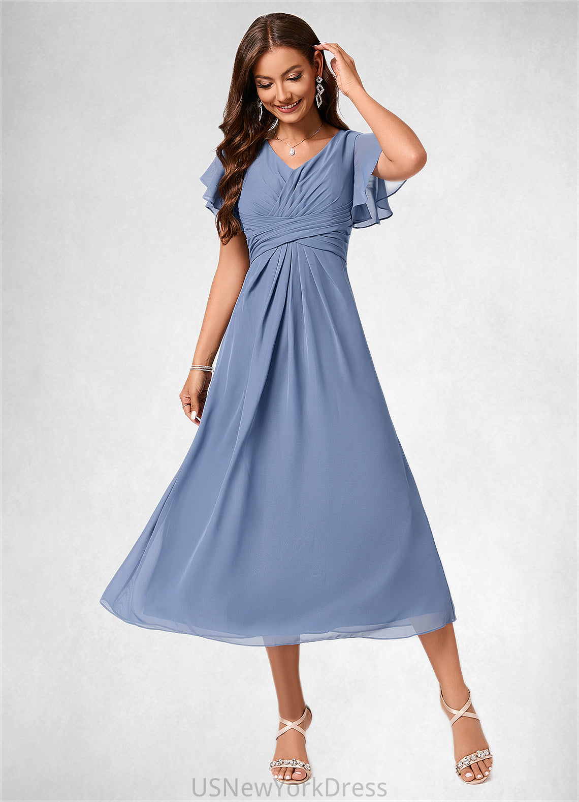 Nadine A-line V-Neck Tea-Length Chiffon Cocktail Dress With Ruffle DJP0022233