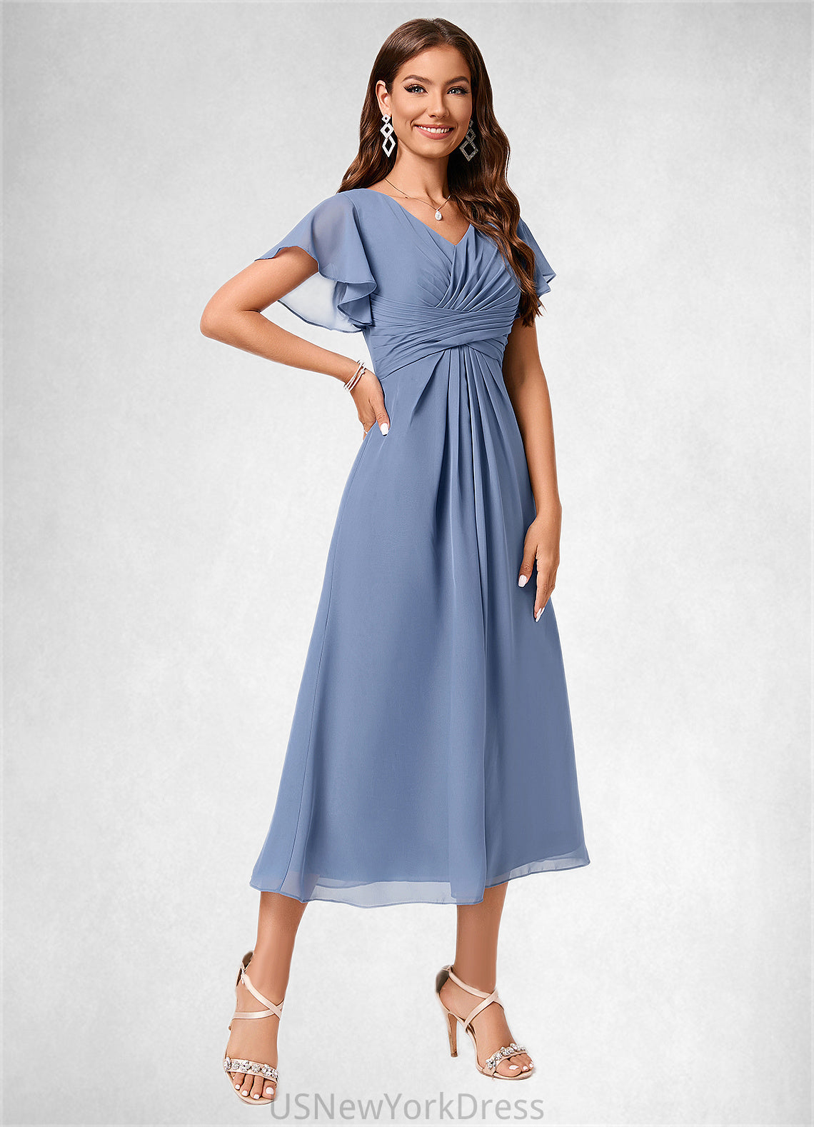 Nadine A-line V-Neck Tea-Length Chiffon Cocktail Dress With Ruffle DJP0022233