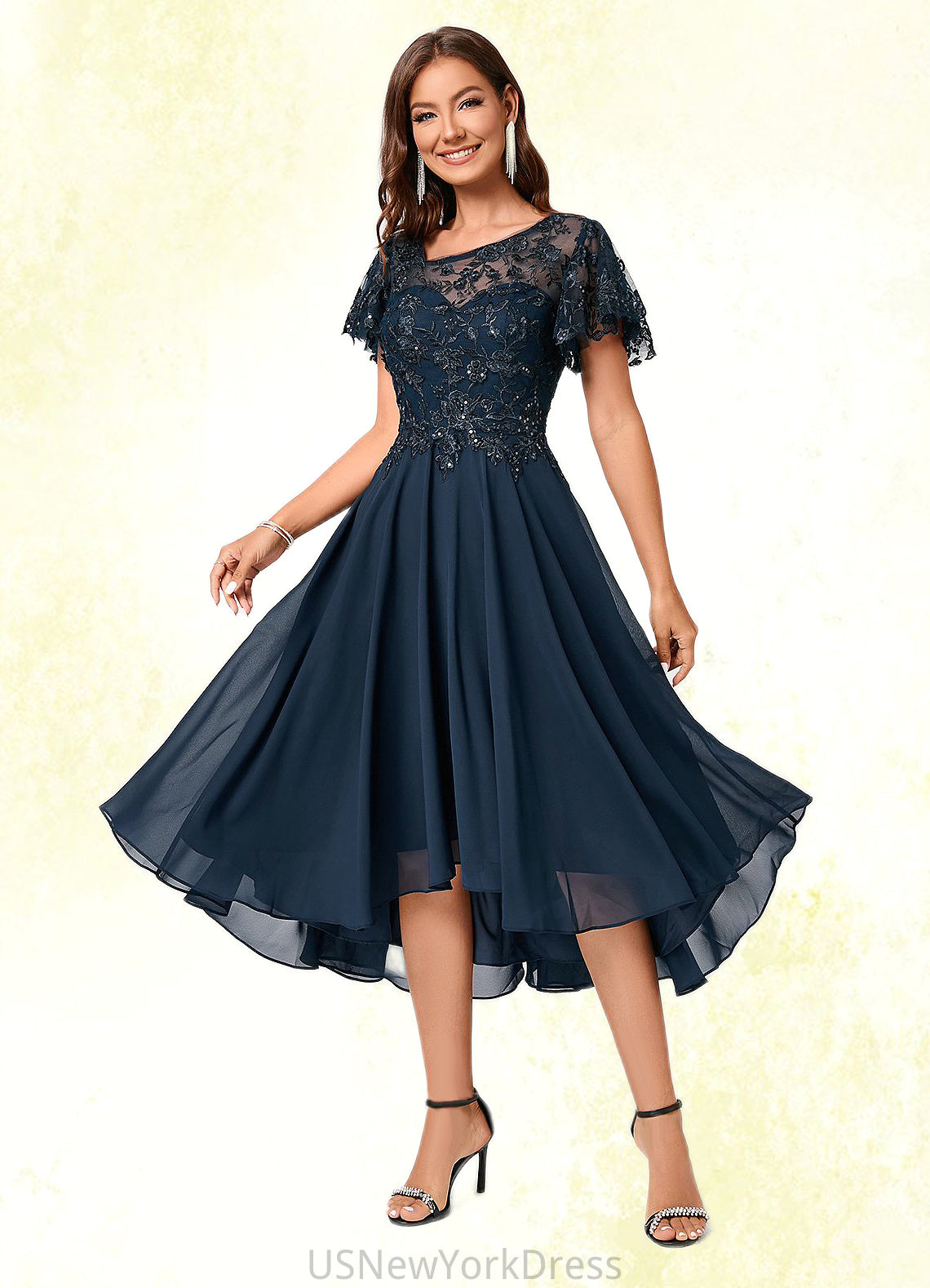 Thalia A-line Asymmetrical Asymmetrical Chiffon Lace Cocktail Dress With Ruffle Sequins DJP0022235