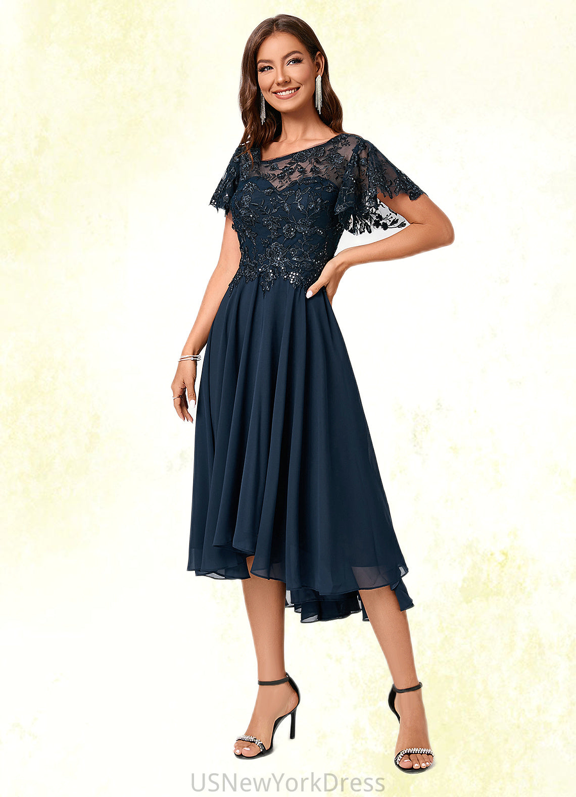 Thalia A-line Asymmetrical Asymmetrical Chiffon Lace Cocktail Dress With Ruffle Sequins DJP0022235