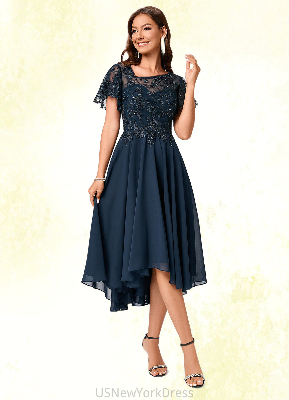 Thalia A-line Asymmetrical Asymmetrical Chiffon Lace Cocktail Dress With Ruffle Sequins DJP0022235