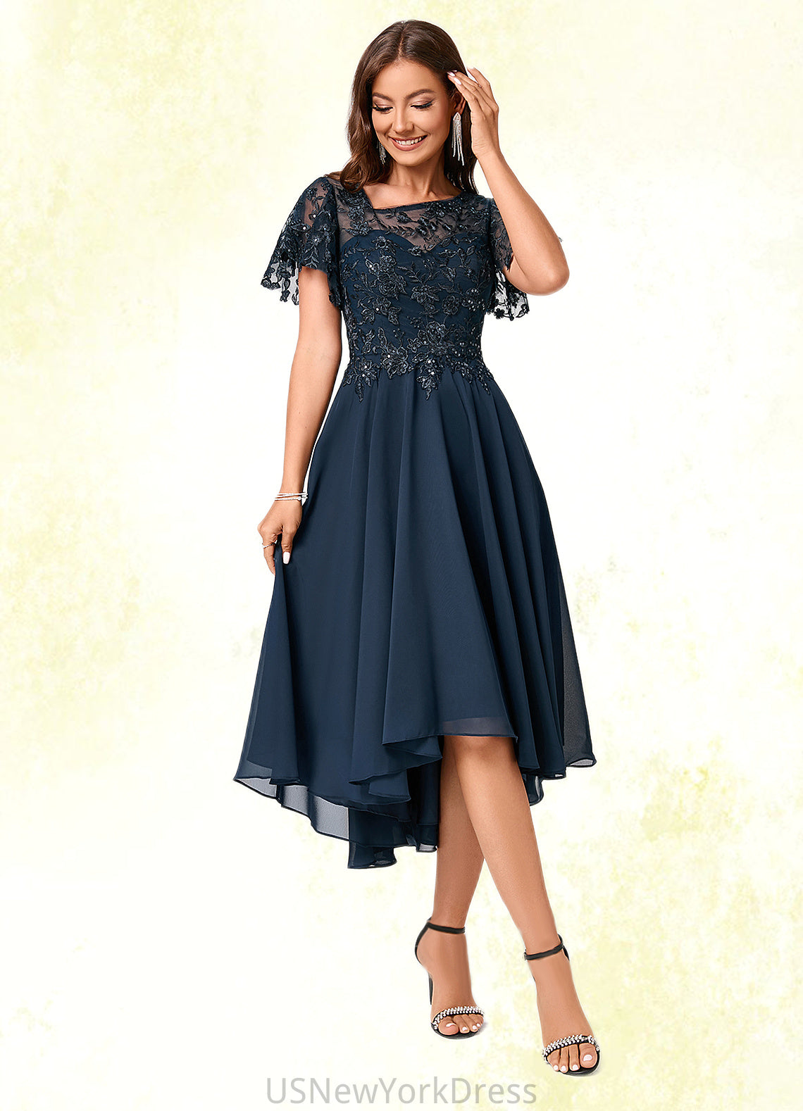 Thalia A-line Asymmetrical Asymmetrical Chiffon Lace Cocktail Dress With Ruffle Sequins DJP0022235