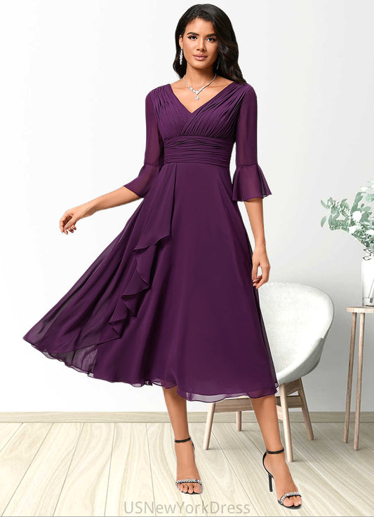 Janiya A-line V-Neck Tea-Length Chiffon Cocktail Dress With Ruffle DJP0022236