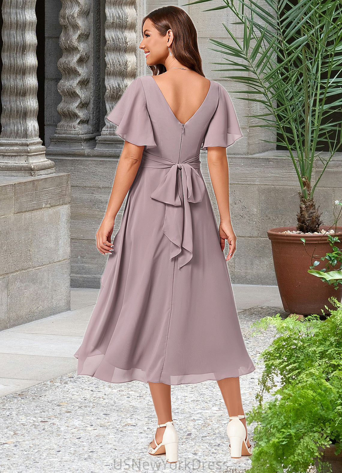 Carleigh A-line V-Neck Asymmetrical Chiffon Cocktail Dress With Cascading Ruffles Ruffle DJP0022238