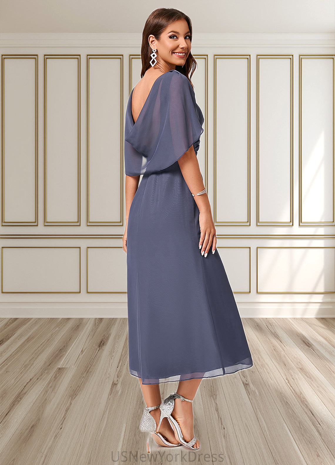 Keely A-line V-Neck Tea-Length Chiffon Cocktail Dress With Ruffle DJP0022241