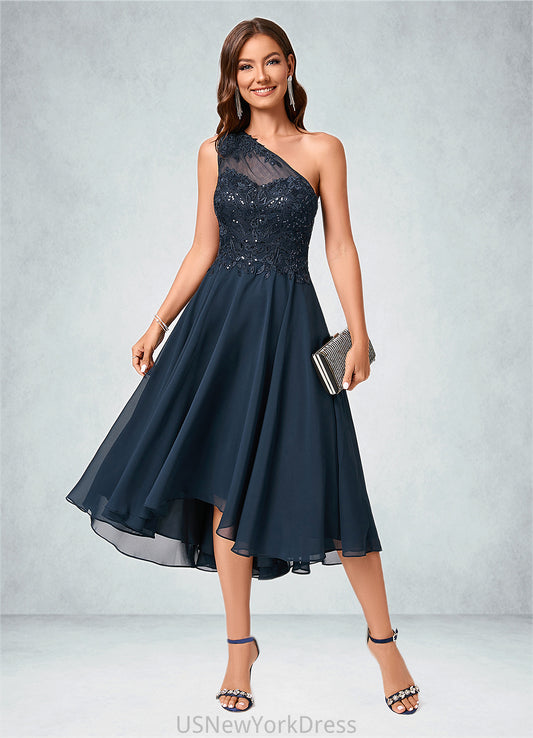 Deborah A-line One Shoulder Asymmetrical Chiffon Lace Sequin Cocktail Dress With Sequins DJP0022245