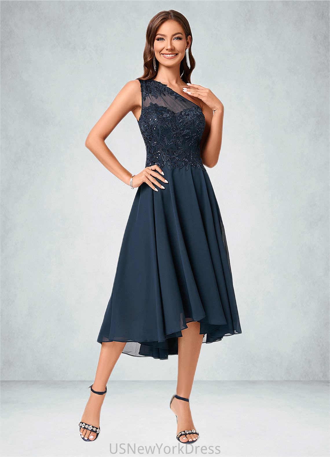 Deborah A-line One Shoulder Asymmetrical Chiffon Lace Sequin Cocktail Dress With Sequins DJP0022245