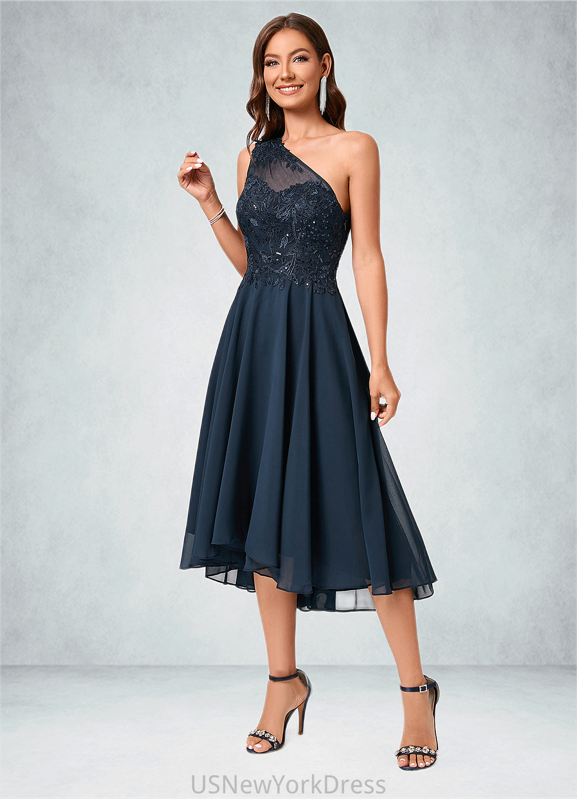 Deborah A-line One Shoulder Asymmetrical Chiffon Lace Sequin Cocktail Dress With Sequins DJP0022245