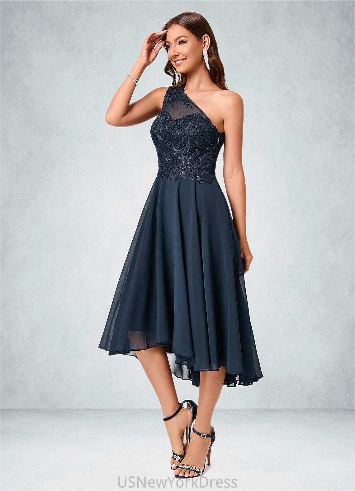 Deborah A-line One Shoulder Asymmetrical Chiffon Lace Sequin Cocktail Dress With Sequins DJP0022245