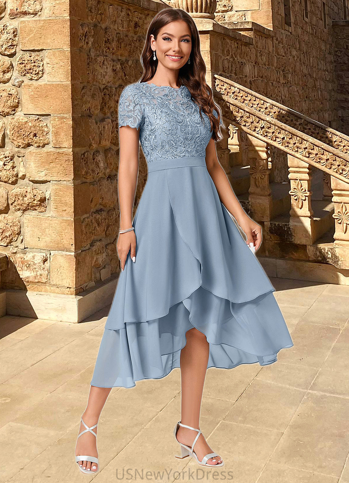 Laila A-line Scoop Asymmetrical Chiffon Lace Cocktail Dress DJP0022246