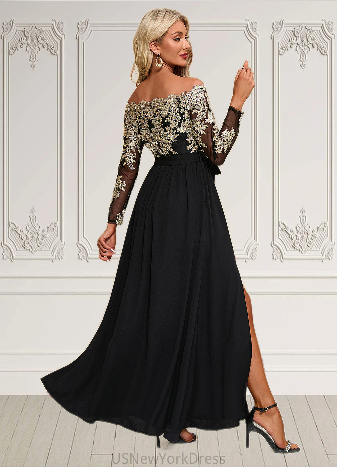 Miranda Jacquard Off the Shoulder Elegant A-line Polyester Maxi Dresses DJP0022248