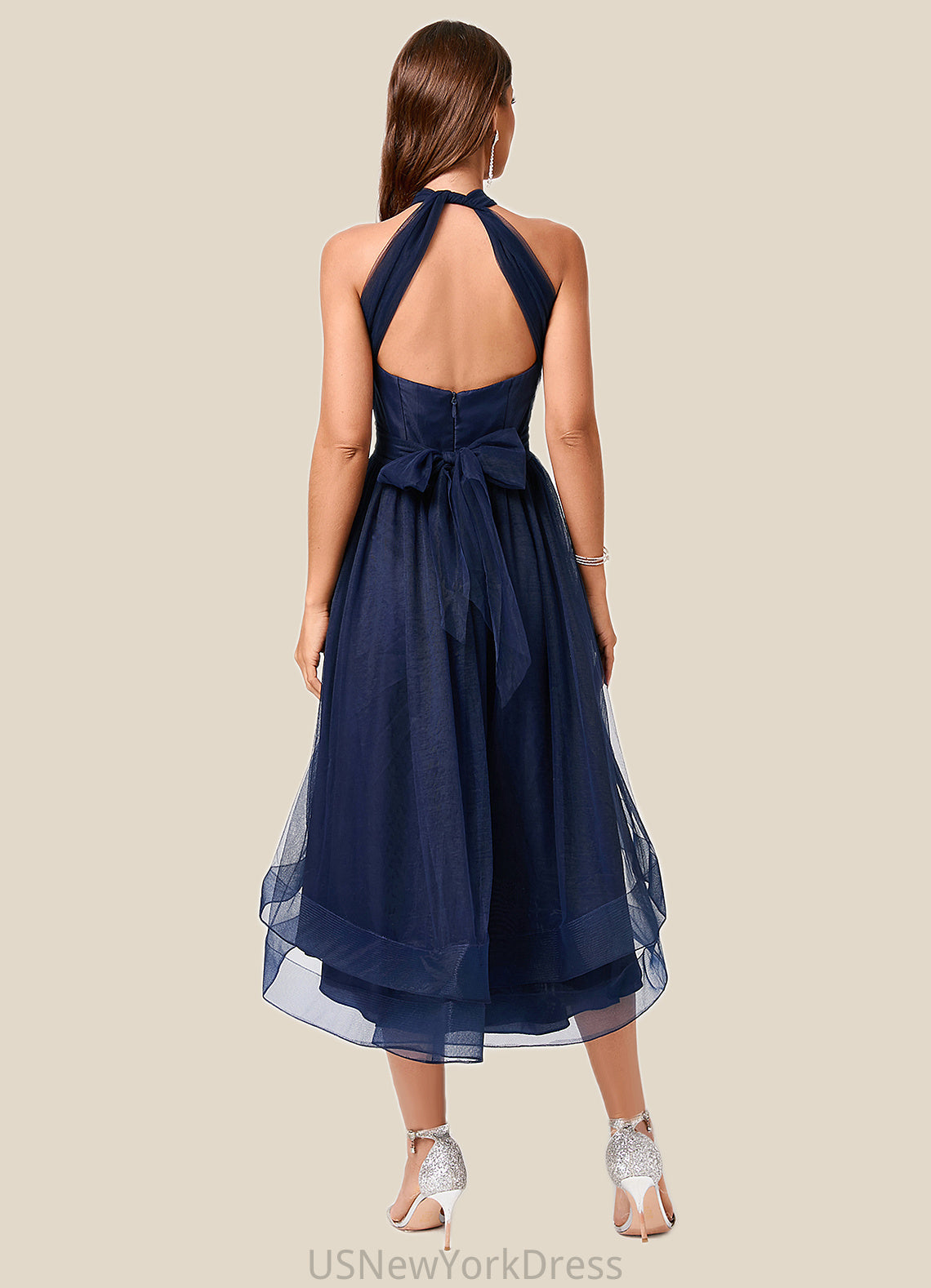 Judy A-line Halter One Shoulder V-Neck Asymmetrical Tulle Cocktail Dress DJP0022254