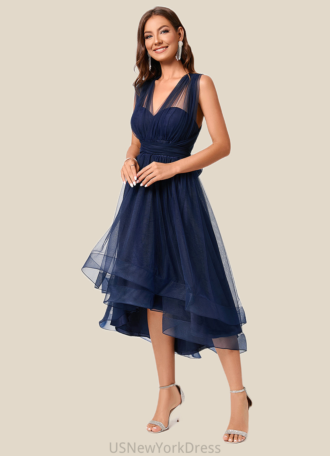 Judy A-line Halter One Shoulder V-Neck Asymmetrical Tulle Cocktail Dress DJP0022254