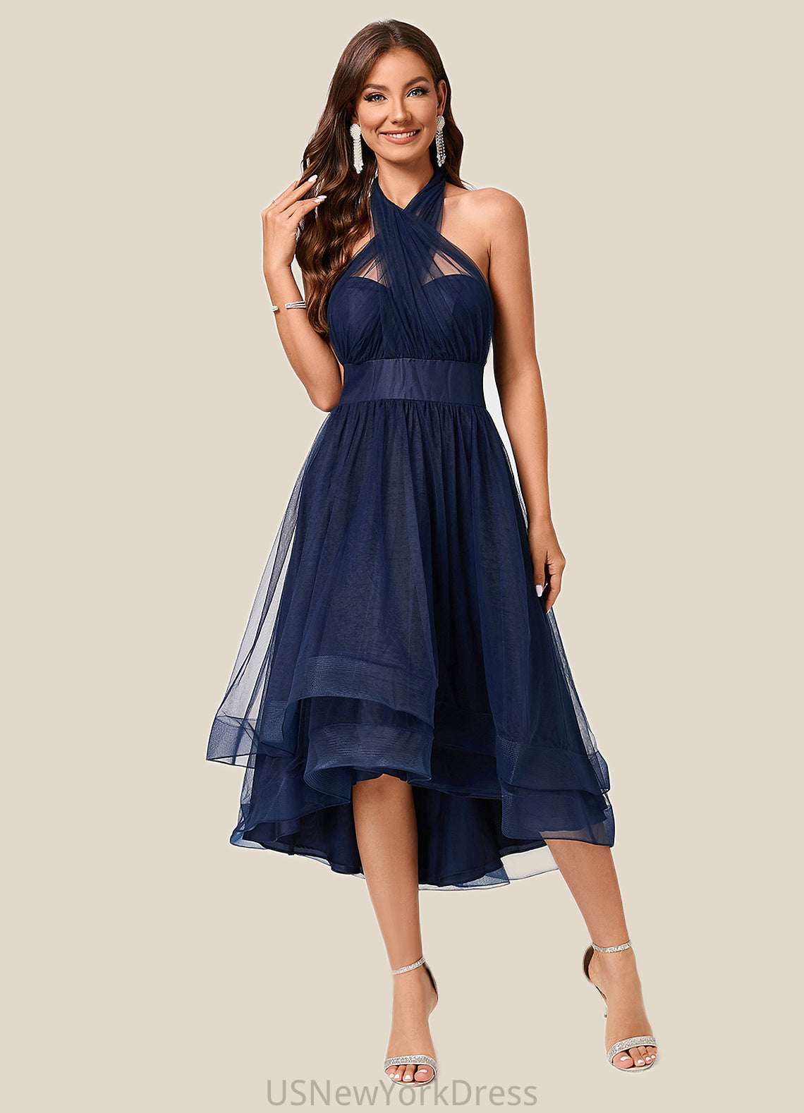 Judy A-line Halter One Shoulder V-Neck Asymmetrical Tulle Cocktail Dress DJP0022254