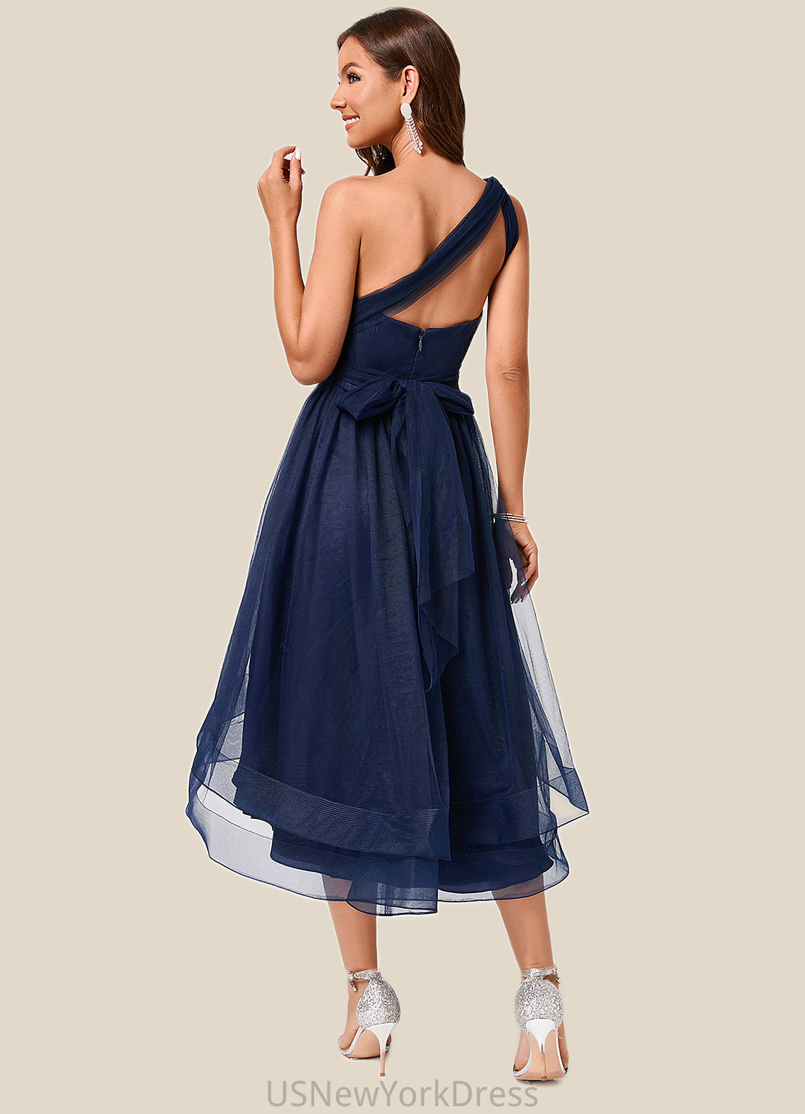 Judy A-line Halter One Shoulder V-Neck Asymmetrical Tulle Cocktail Dress DJP0022254