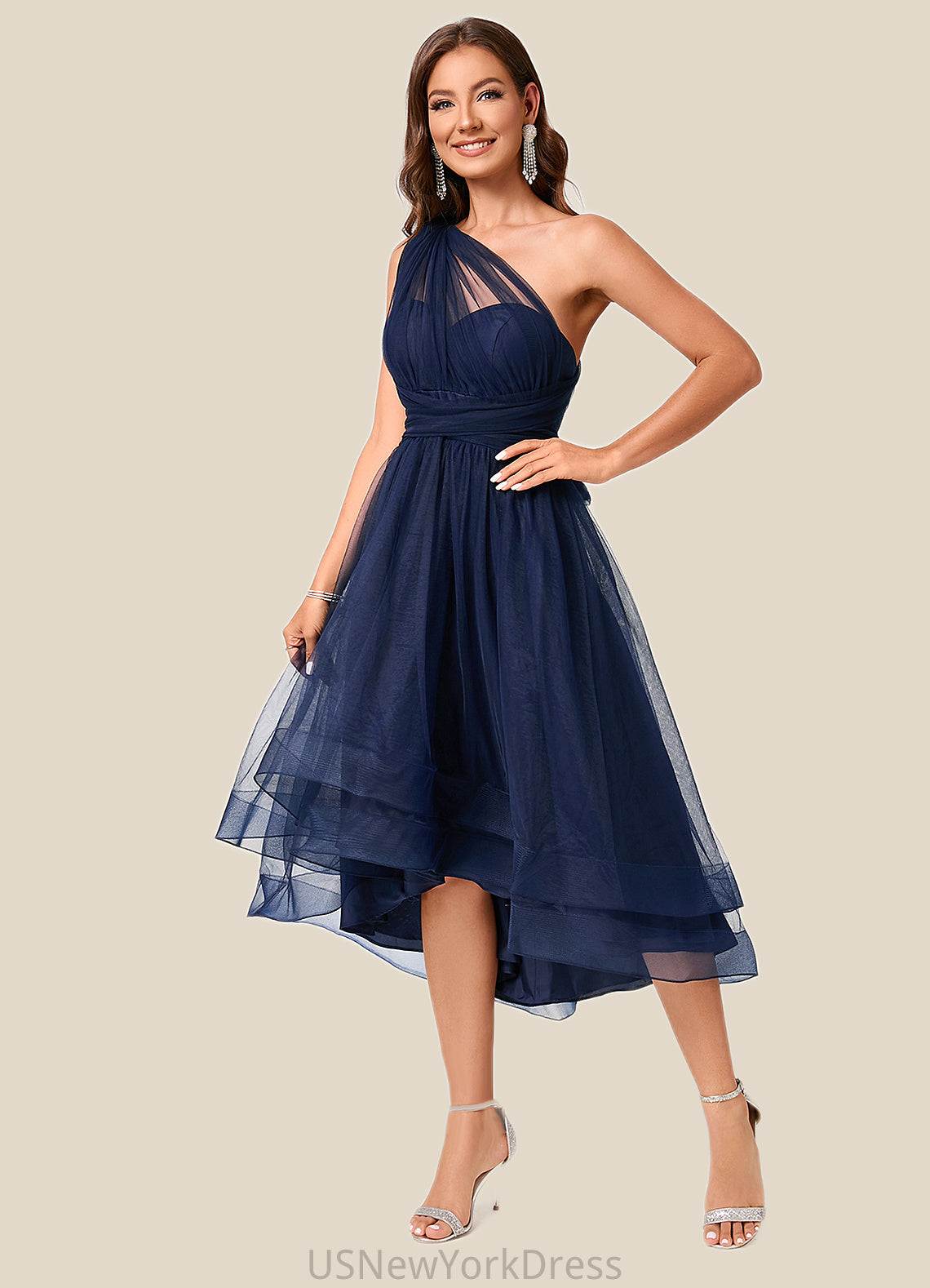 Judy A-line Halter One Shoulder V-Neck Asymmetrical Tulle Cocktail Dress DJP0022254