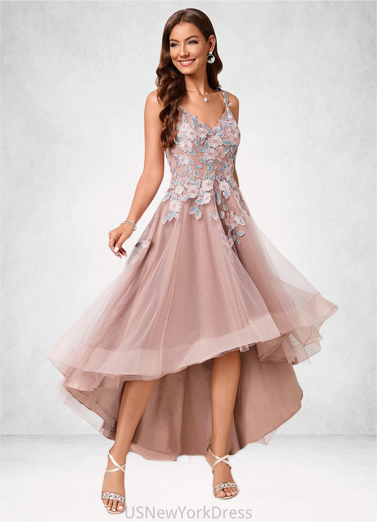 Prudence A-line Off the Shoulder Asymmetrical Lace Tulle Cocktail Dress With Flower DJP0022258