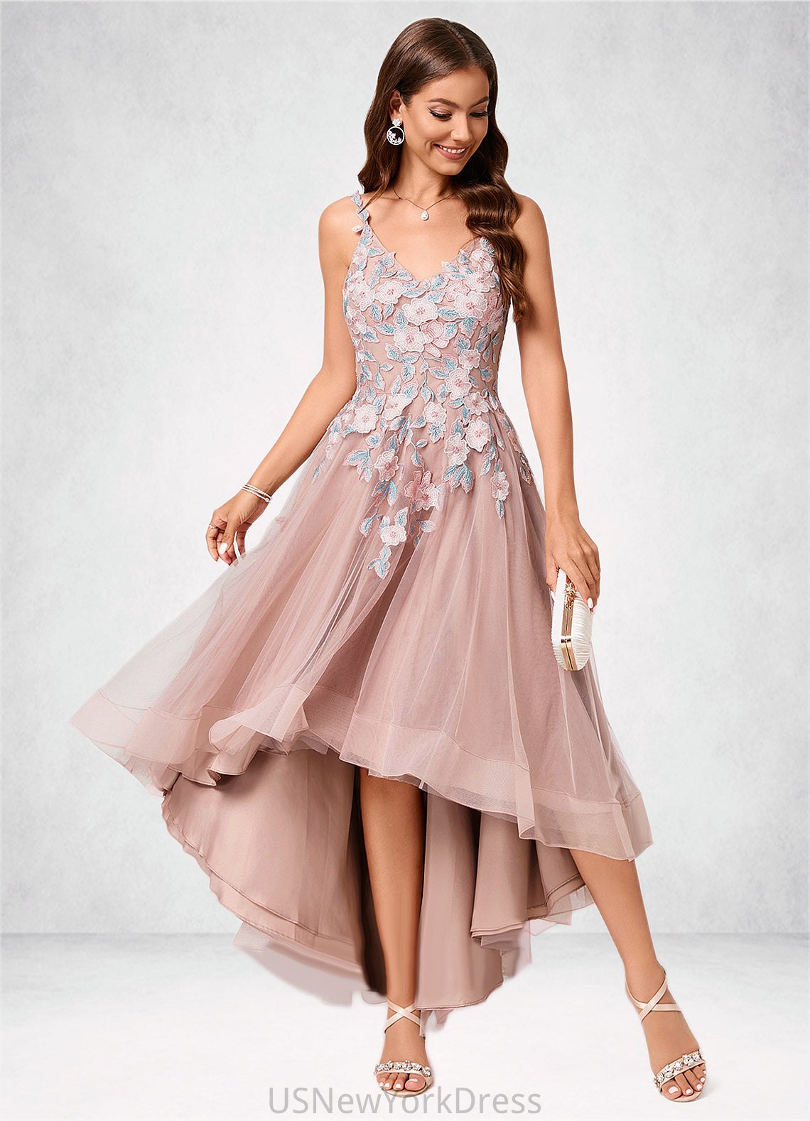 Prudence A-line Off the Shoulder Asymmetrical Lace Tulle Cocktail Dress With Flower DJP0022258