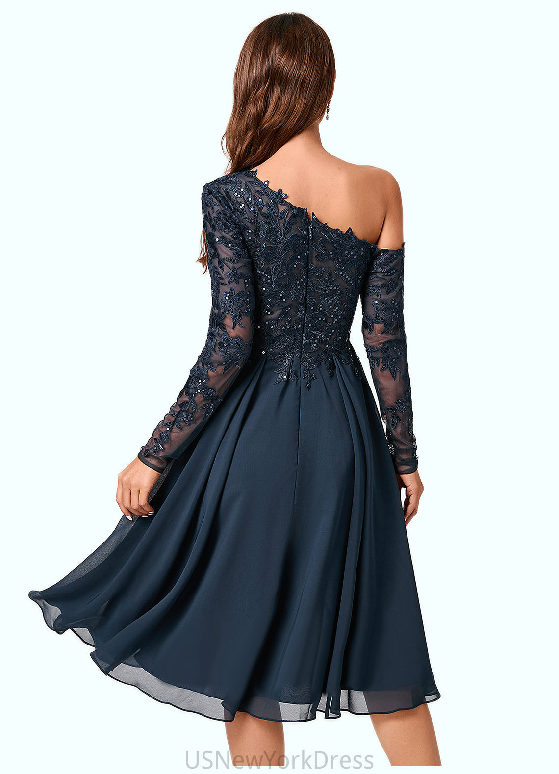 Mckenna A-line One Shoulder Knee-Length Chiffon Lace Sequin Cocktail Dress With Sequins DJP0022310