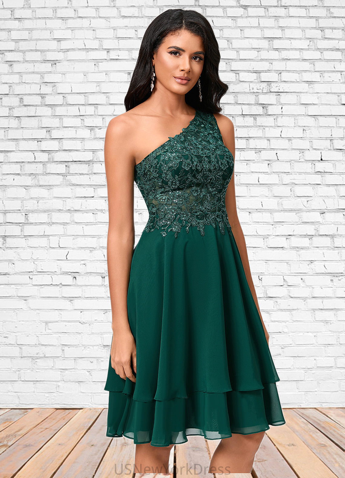 Vivien A-line One Shoulder Knee-Length Chiffon Lace Cocktail Dress With Sequins DJP0022313