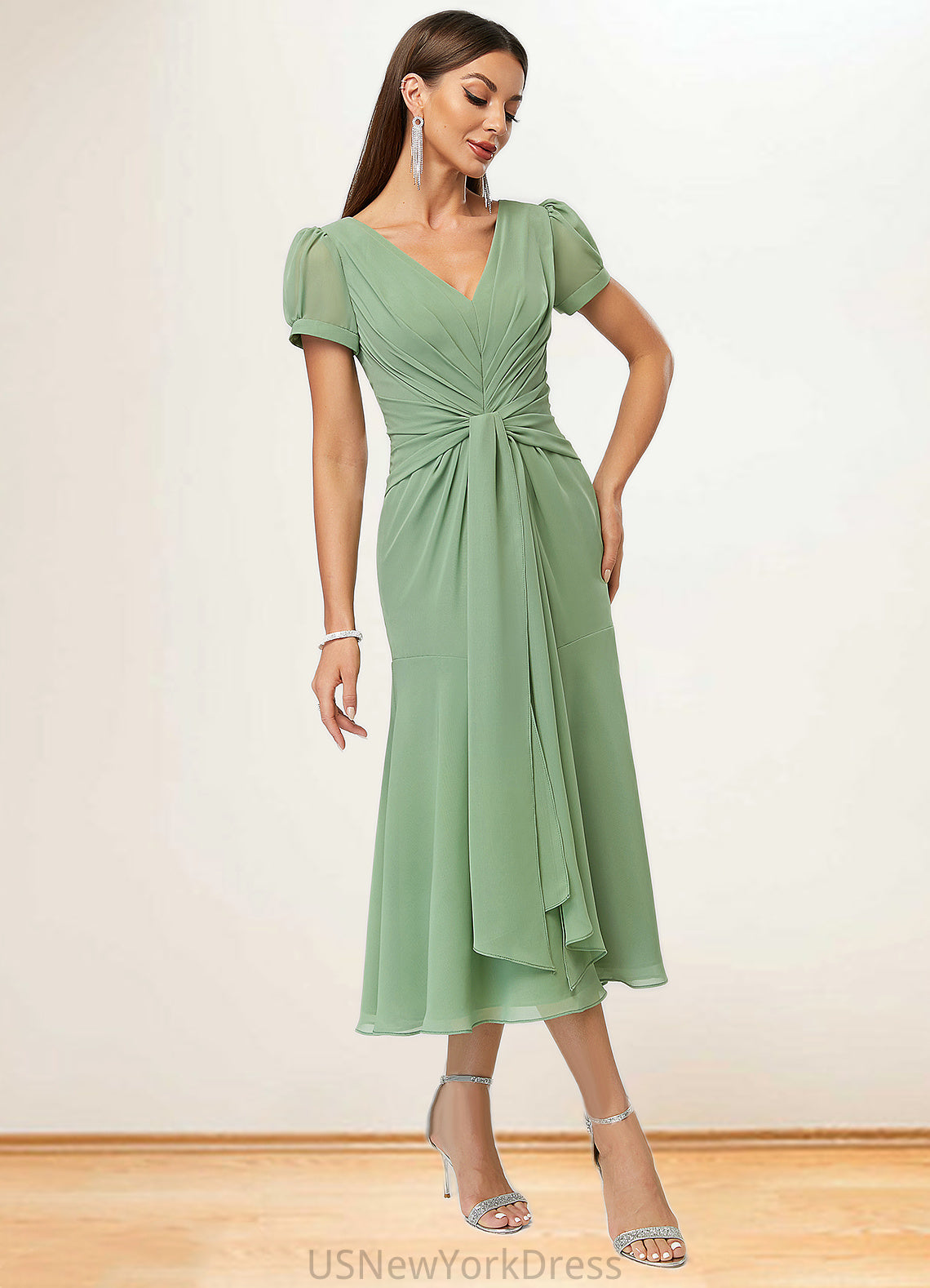 Isabela Trumpet/Mermaid V-Neck Tea-Length Chiffon Cocktail Dress With Pleated DJP0022315