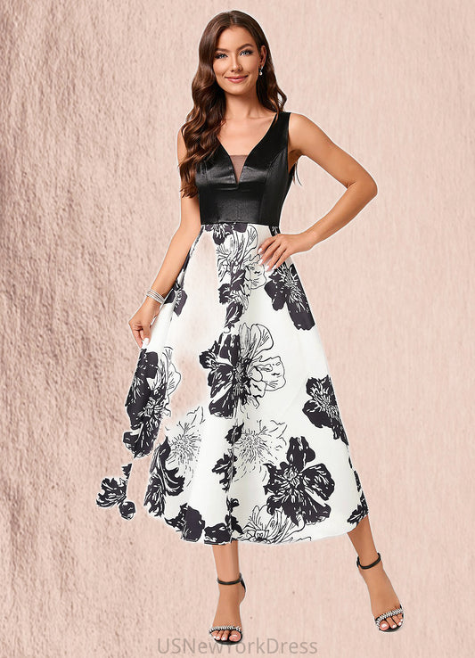 Asia A-line V-Neck Tea-Length Polyester Cocktail Dress With Flower DJP0022320