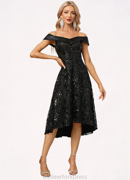 Marisa A-line Off the Shoulder Asymmetrical Lace Sequin Cocktail Dress With Sequins DJP0022328