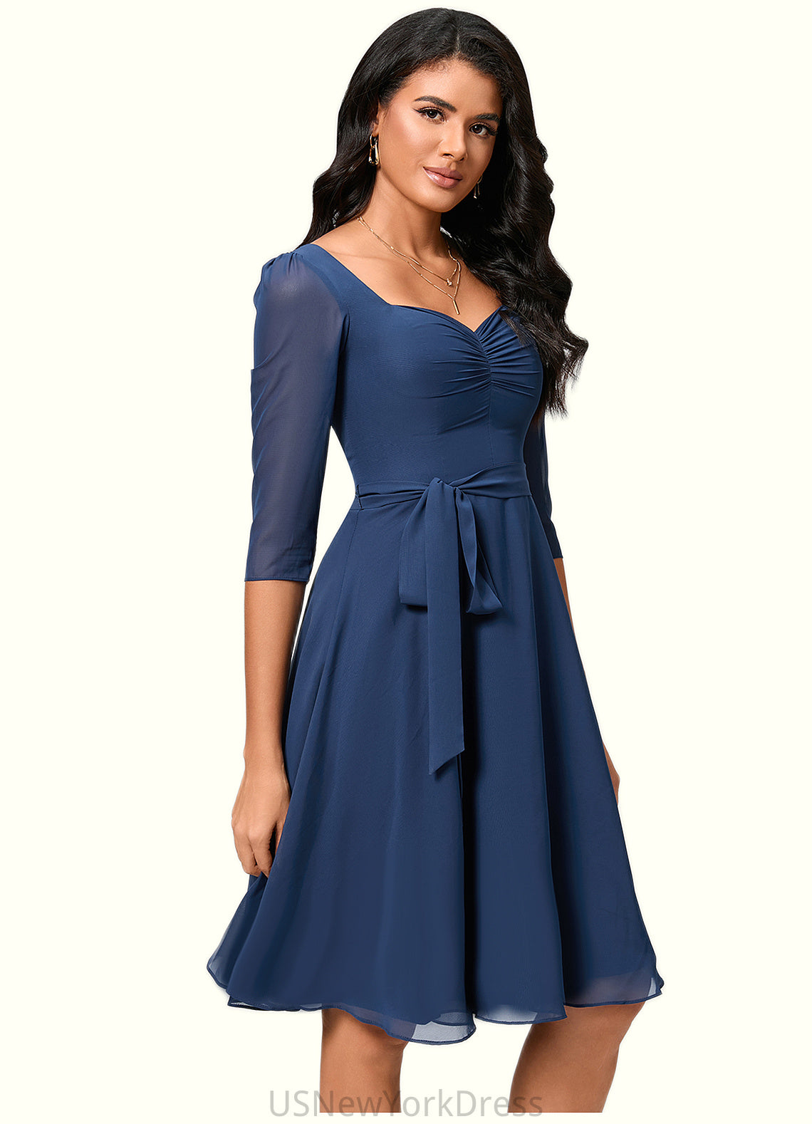 Lauryn A-line V-Neck Knee-Length Chiffon Cocktail Dress With Ruffle DJP0022333