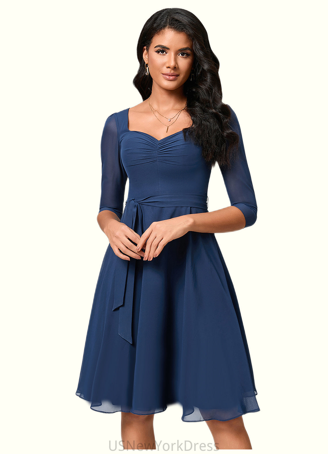 Lauryn A-line V-Neck Knee-Length Chiffon Cocktail Dress With Ruffle DJP0022333