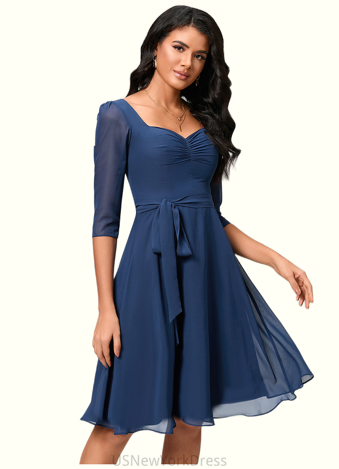 Lauryn A-line V-Neck Knee-Length Chiffon Cocktail Dress With Ruffle DJP0022333