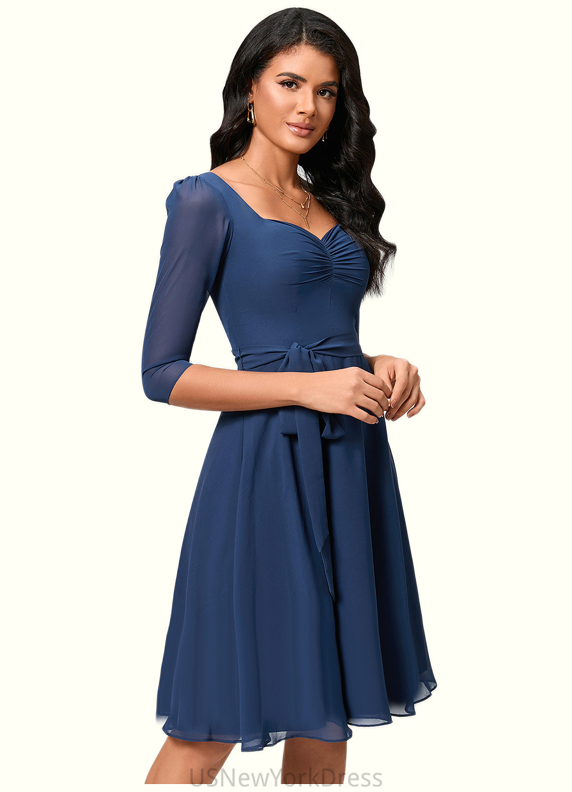 Lauryn A-line V-Neck Knee-Length Chiffon Cocktail Dress With Ruffle DJP0022333