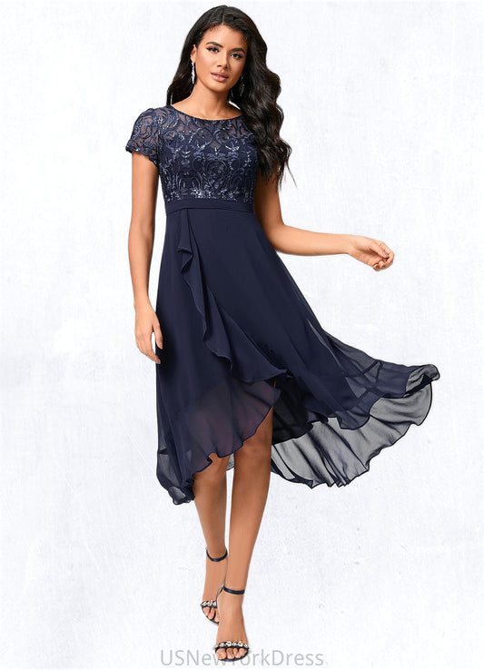 Adyson A-line Scoop Asymmetrical Chiffon Lace Cocktail Dress With Cascading Ruffles DJP0022334