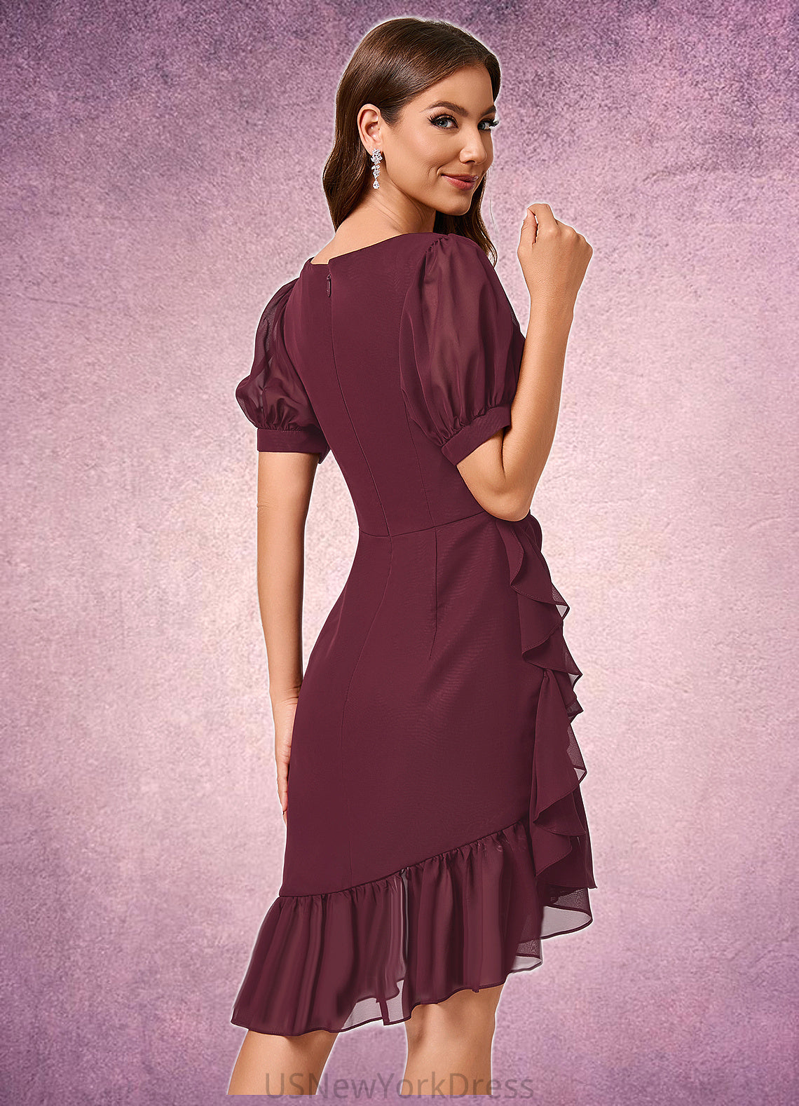 Lucia Sheath/Column V-Neck Asymmetrical Chiffon Cocktail Dress With Cascading Ruffles Ruffle DJP0022339