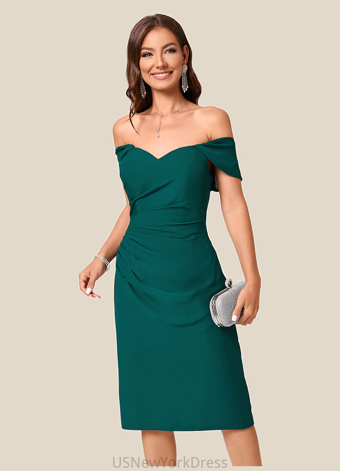 Charity Sheath/Column Off the Shoulder Knee-Length Chiffon Cocktail Dress With Ruffle DJP0022340