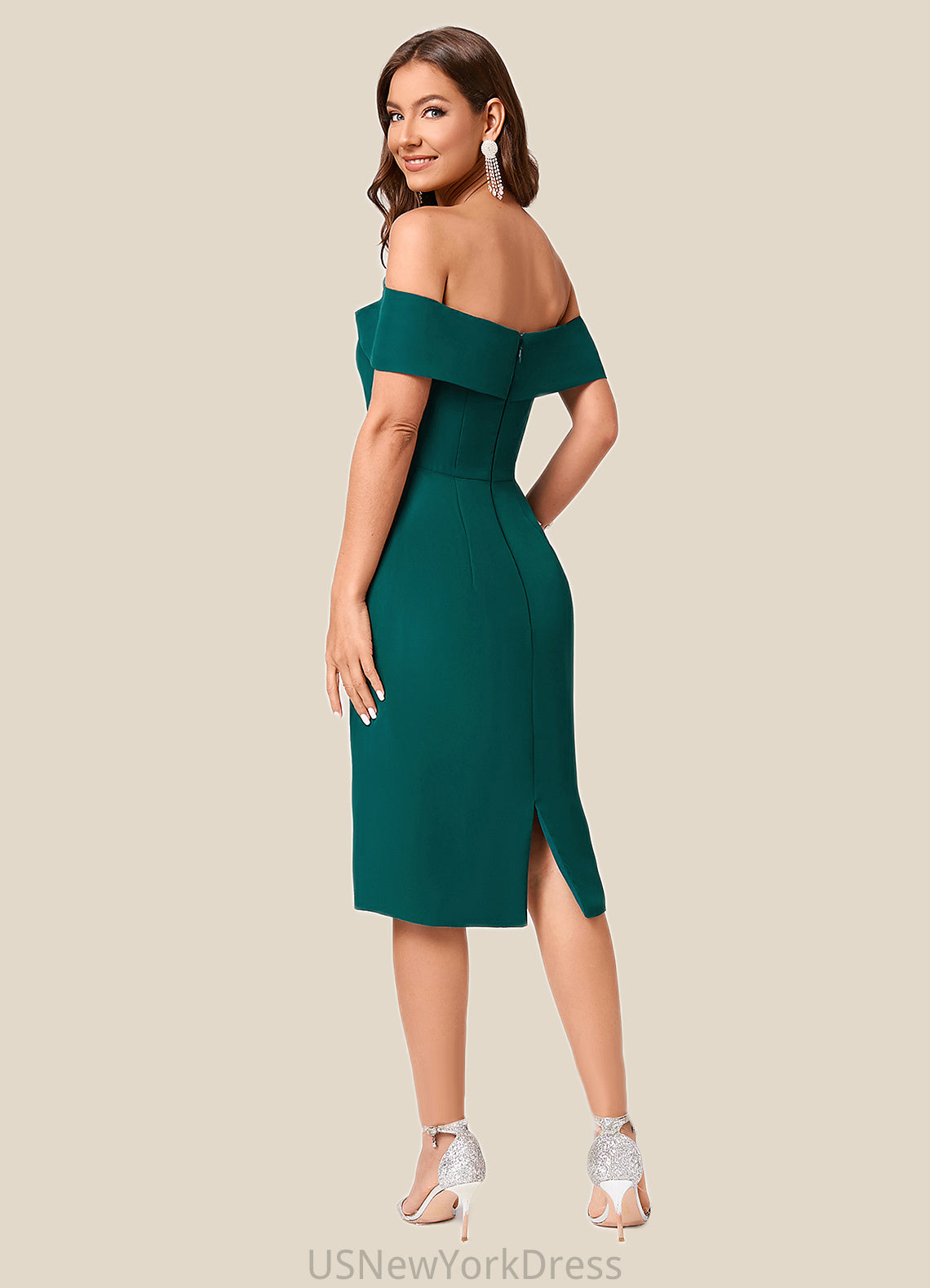 Charity Sheath/Column Off the Shoulder Knee-Length Chiffon Cocktail Dress With Ruffle DJP0022340