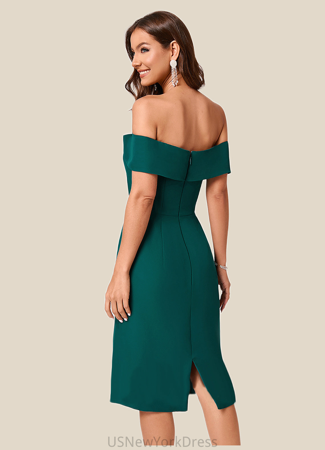 Charity Sheath/Column Off the Shoulder Knee-Length Chiffon Cocktail Dress With Ruffle DJP0022340