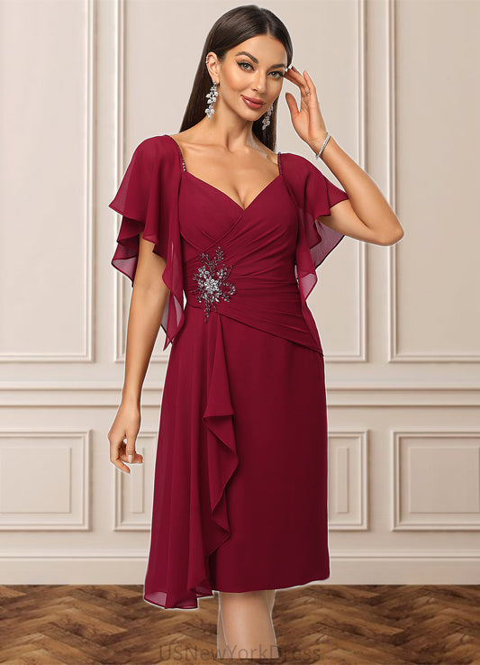 Kayla Sheath/Column V-Neck Knee-Length Chiffon Cocktail Dress With Beading Cascading Ruffles DJP0022350