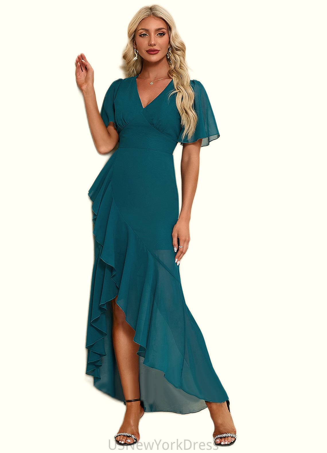 Peyton Ruffle V-Neck Elegant Trumpet/Mermaid Chiffon Asymmetrical Dresses DJP0022358