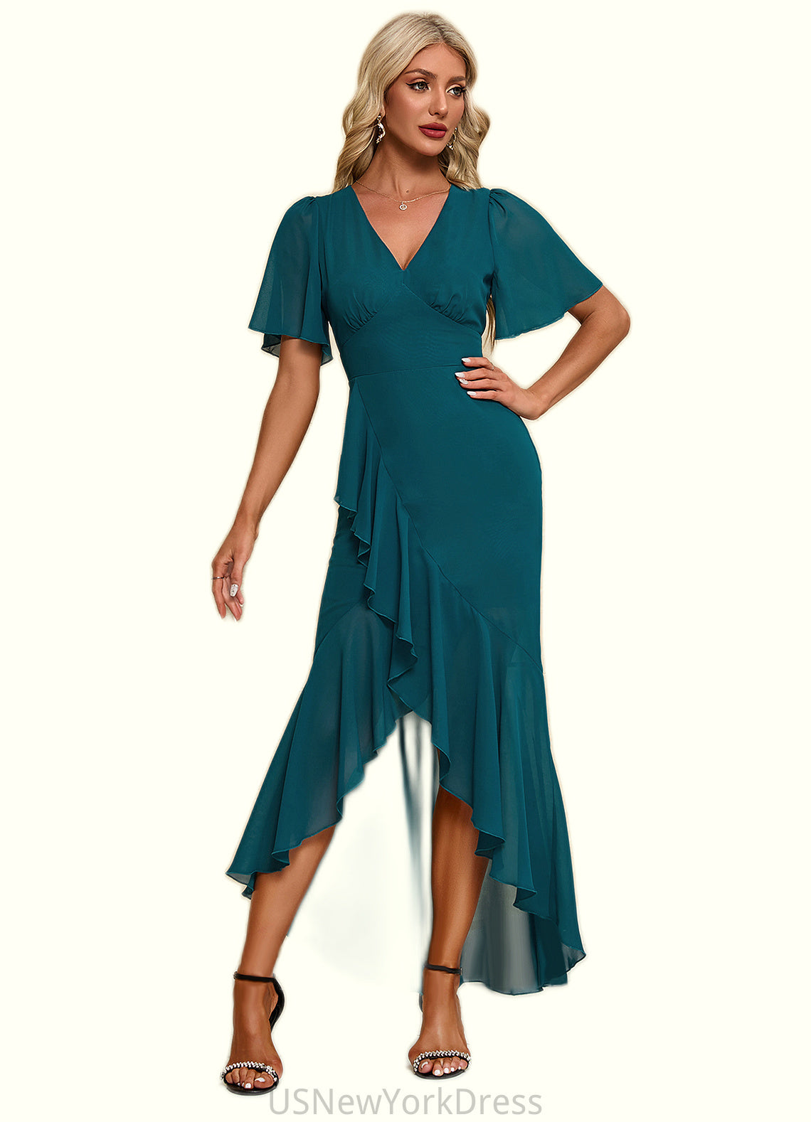 Peyton Ruffle V-Neck Elegant Trumpet/Mermaid Chiffon Asymmetrical Dresses DJP0022358