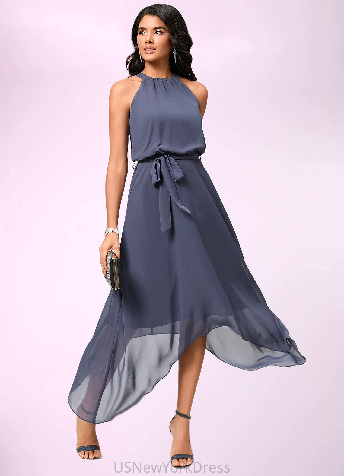 Melissa A-line Scoop Ankle-Length Chiffon Cocktail Dress With Ruffle DJP0022361