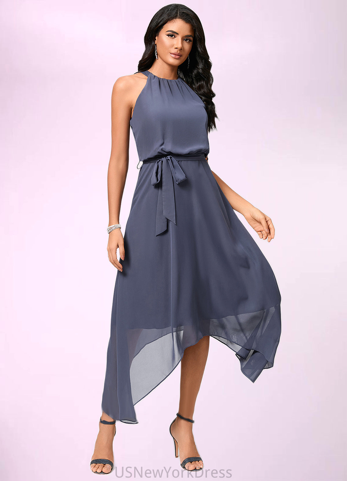 Melissa A-line Scoop Ankle-Length Chiffon Cocktail Dress With Ruffle DJP0022361