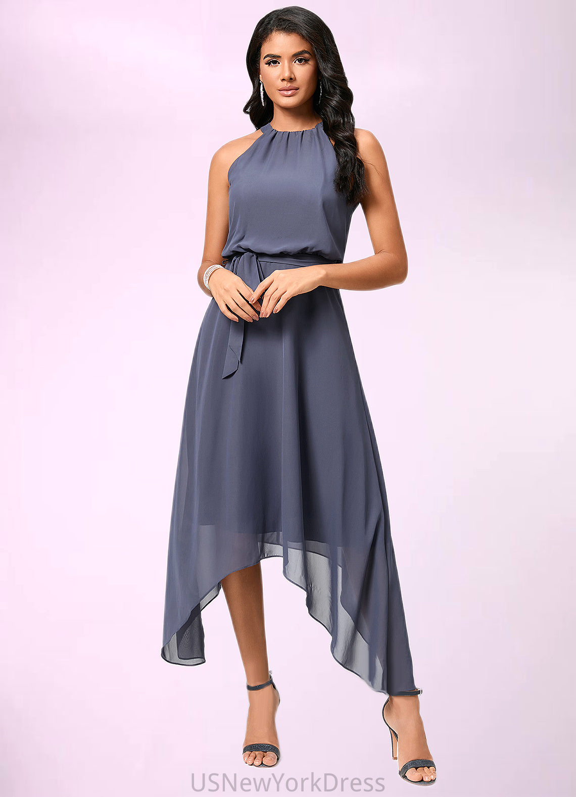 Melissa A-line Scoop Ankle-Length Chiffon Cocktail Dress With Ruffle DJP0022361