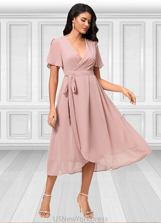 Meg A-line V-Neck Asymmetrical Chiffon Cocktail Dress With Bow Pleated DJP0022368