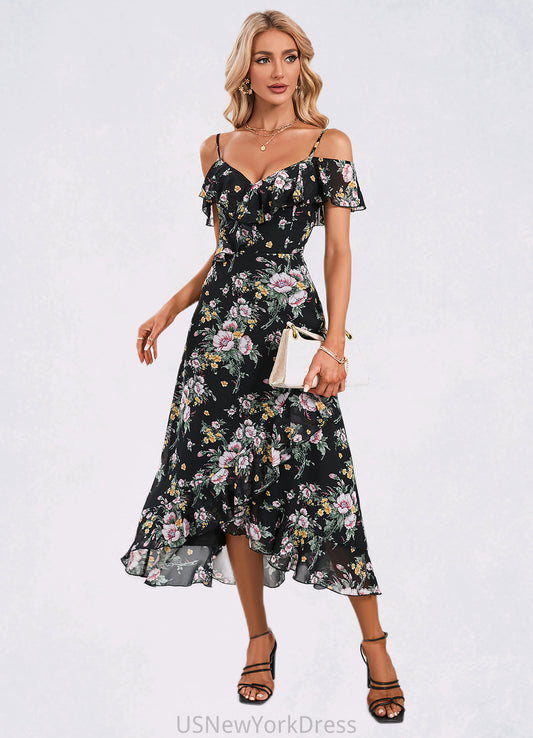 Lacey Floral Print Cold Shoulder Elegant A-line Chiffon Asymmetrical Dresses DJP0022369