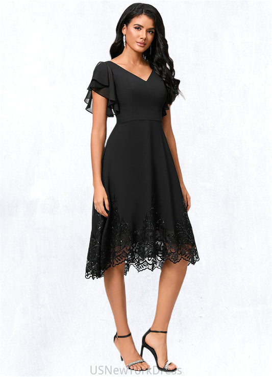 Sabrina A-line V-Neck Asymmetrical Chiffon Lace Cocktail Dress With Sequins DJP0022377